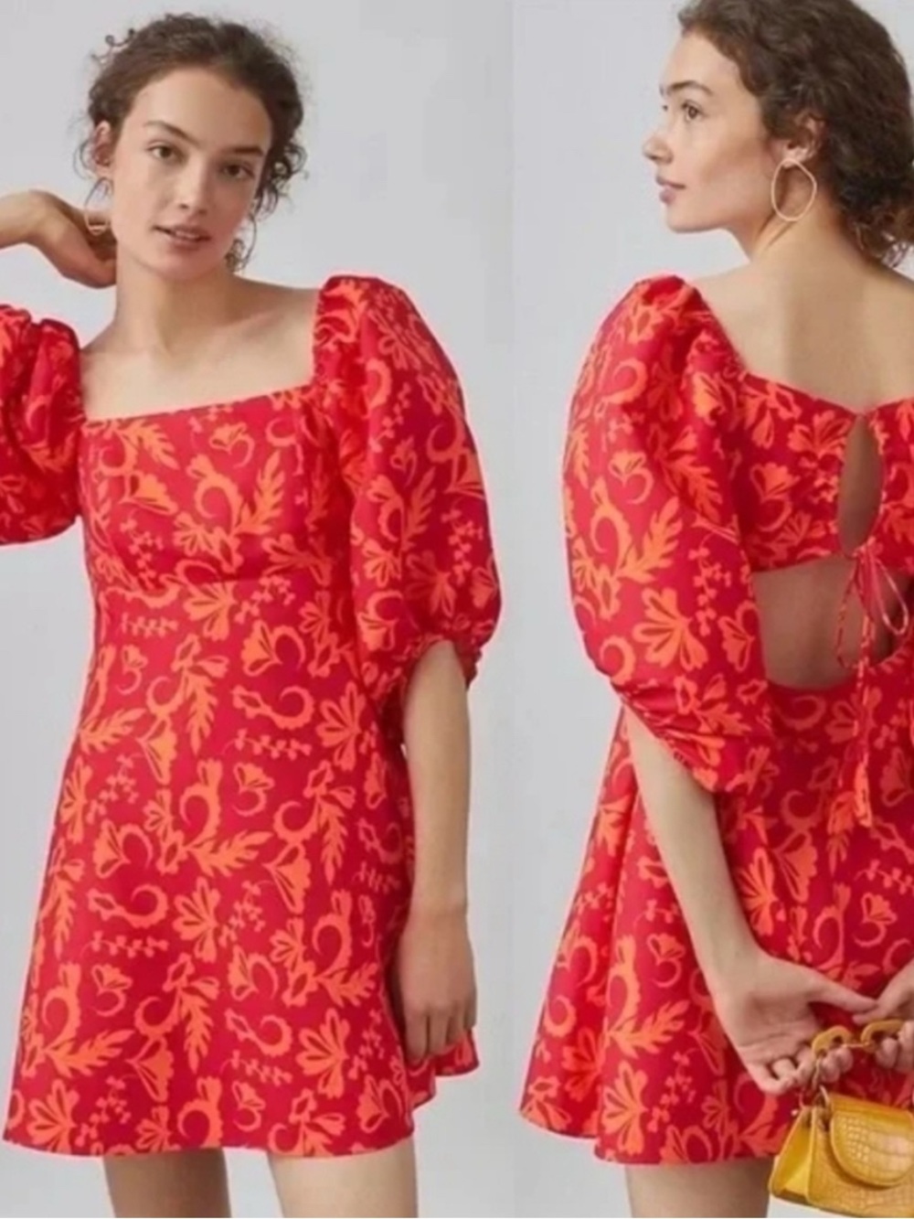 Sachin + Babi Pink and Coral Puff-Sleeve Square-Neck Mini Dress